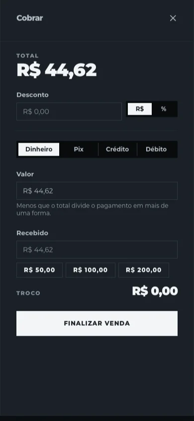 Tela Cobrar: desconto e pagamento em dinheiro, Pix, crédito e débito