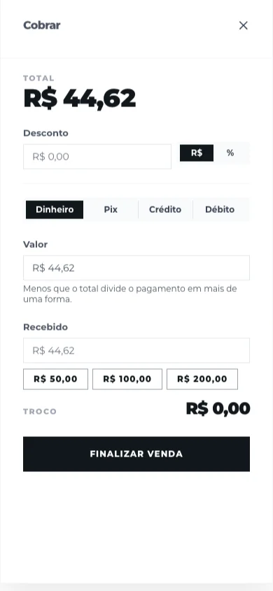 Tela Cobrar: desconto e pagamento em dinheiro, Pix, crédito e débito