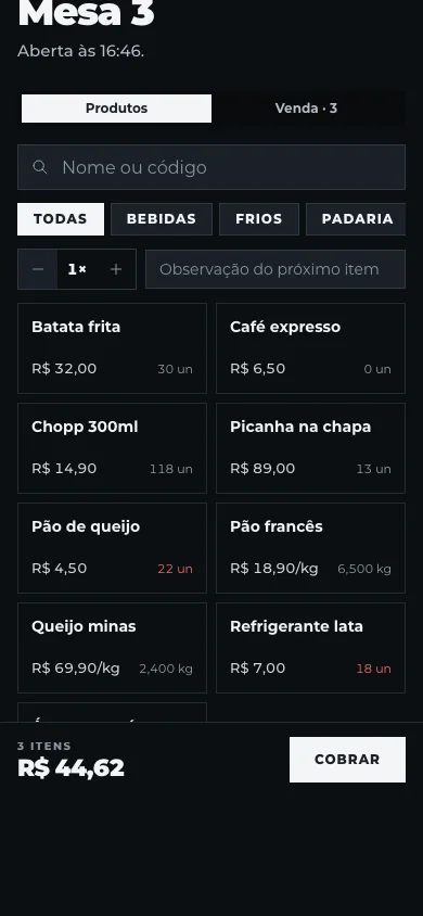 Tela da venda da Mesa 3: busca, categorias e os produtos com preço e saldo de estoque