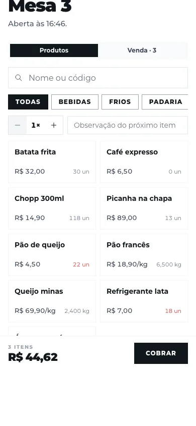 Tela da venda da Mesa 3: busca, categorias e os produtos com preço e saldo de estoque