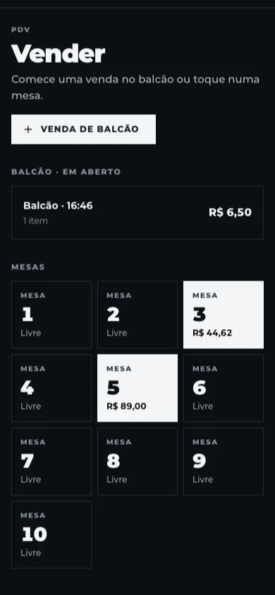 Tela Vender: venda de balcão em aberto e o mapa de mesas, livres e ocupadas com o total