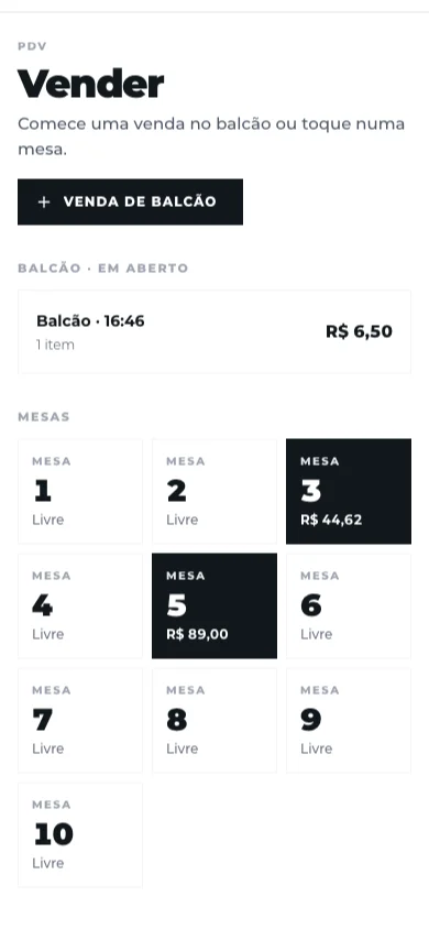 Tela Vender: venda de balcão em aberto e o mapa de mesas, livres e ocupadas com o total